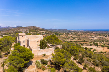 Aerial view, Santuari de la Consolacio church Mallorca, Balearic Islands, Spain
