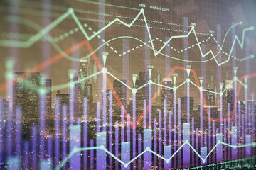 Forex chart on cityscape with tall buildings background multi exposure. Financial research concept.