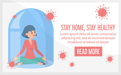 COVID-19 quarantine vector web banner. Woman sitting