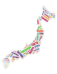 Japan map and list of cities word cloud concept