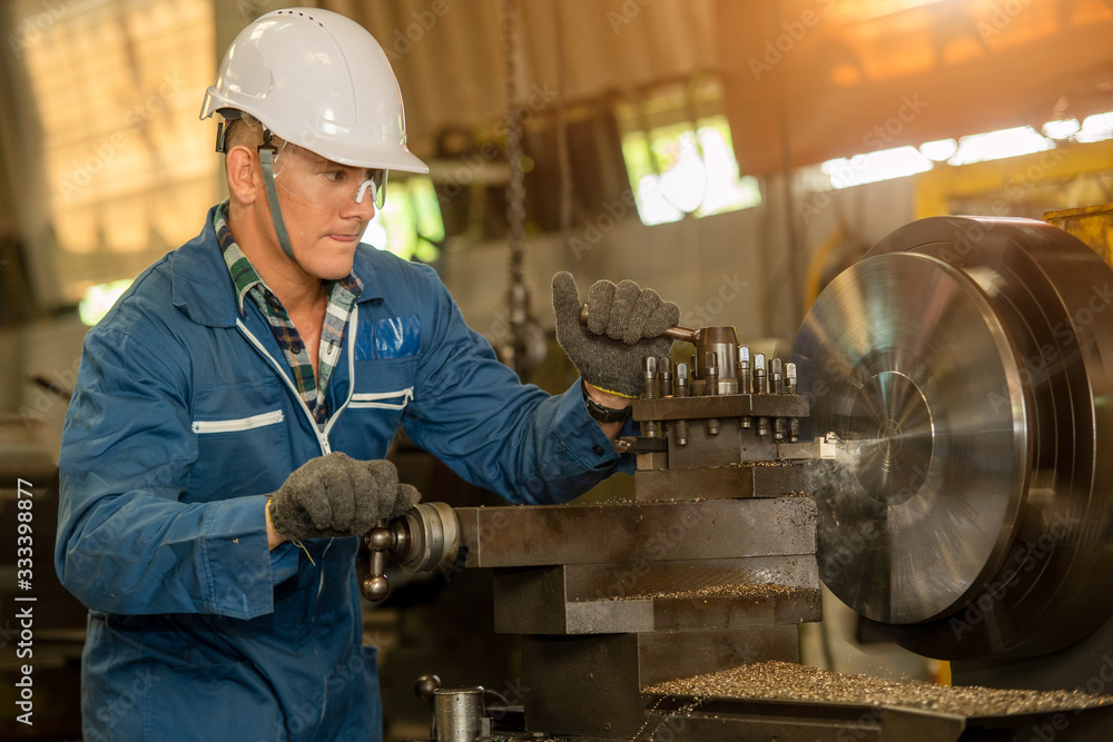 Poster factory worker,engineer wearing uniform safety in factory working machine lathe metal.