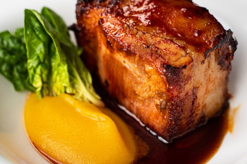 delicious baked pork belly with vegetable puree