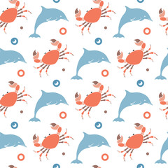 Marine seamless pattern. Dolphin, crab, circles on white background. Childish pattern. Vector illustration. Summer template. Repeating texture. Modern ornament. Design paper, wallpaper, cover, textile