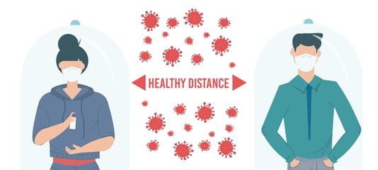 Social Distancing Quarantine, people surrounded by viruses. Social Distancing keeping distance for infection risk and disease.