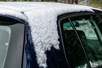 car under the snow. Piece of roof