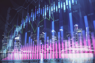 Financial chart on city scape with tall buildings background multi exposure. Analysis concept.