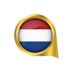 Flag of Netherlands, location map pin, pointer flag Netherlands, button gold, Icon country . Vector Illustration EPS10.