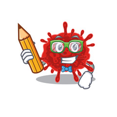A smart student buldecovirus character with a pencil and glasses