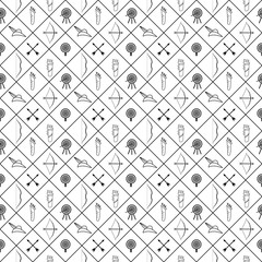 seamless pattern of archery equipments like bow and arrow, arrow, bow, quiver, cap and targets. beautiful designs.