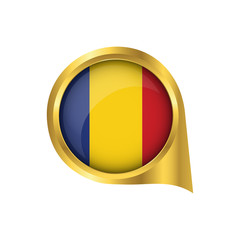 Fototapeta premium Flag of Romania, location map pin, pointer flag Romania, button gold, Icon country . Vector Illustration EPS10.