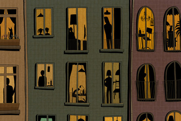 Many people as a silhouette in an apartment building at the windows