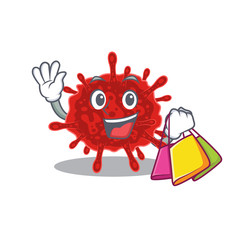 Happy rich buldecovirus mascot design waving and holding Shopping bag