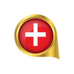 Flag of Switzerland, location map pin, pointer flag Switzerland, button gold, Icon country . Vector Illustration EPS10.