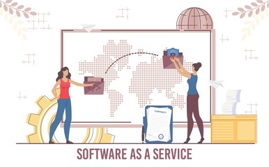 Woman Partner Cooperation via Software Service Business Platform. Businesswoman Sending Downloading Contract Data via Secure Cloud Storage System. Computer Monitor with World Map. Vector Illustration