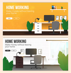 Set of Home Working banners with workspace. Home office. Freelance concept template.