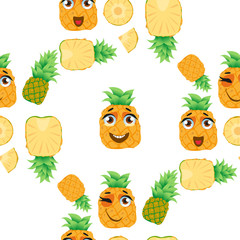Cute seamless pattern with cartoon emoji fruits