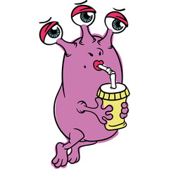 cute Flirty pink three-eyed girl alien with a glass, drinks a drink, isolated on a white background, icon