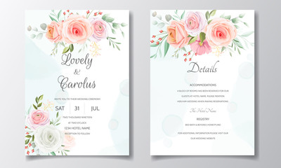 Beautiful wedding invitation card template set with colorful floral frame