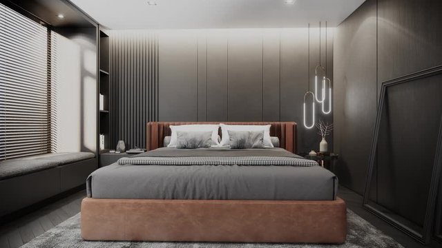 modern bedroom interior design with furniture, rotating shot, video ultra HD 4K 3840x2160, 3D animation