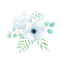 Anemone bouquet watercolor hand drawn flower composition for wedding invitations, cards, frames. Spring, summer season.  Floral bouquet design with eucalyptus, leaves isolated on white background.