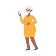 Vector illustration with standing old woman in medical face mask