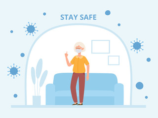 Old woman in face mask in selfisolation from coronavirus.