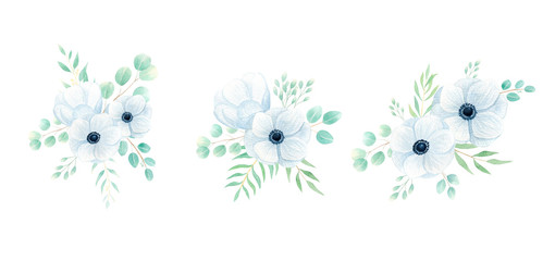 Floral bouquet design set with anemones, leaves isolated on white background.Anemone bouquet watercolor hand drawn flower composition for wedding invitations, cards, frames. Spring, summer season.  