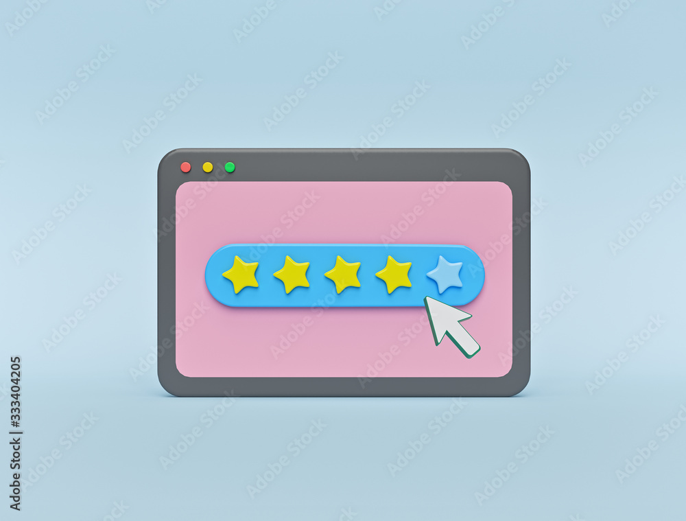 Poster star rating and feedback concept. cartoon style minimal browser window with stars and cursor. 3d ren