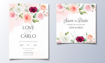 Beautiful wedding invitation card template set with colorful floral frame