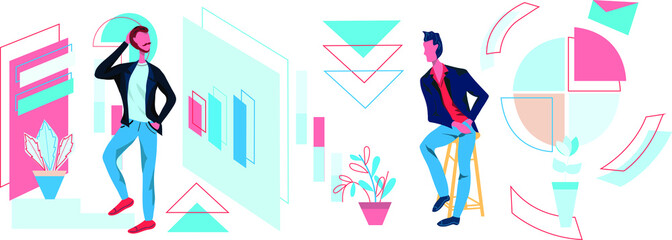 Men in tuxedos and infographics