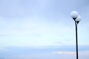 Pigeon on street light against blue sky background