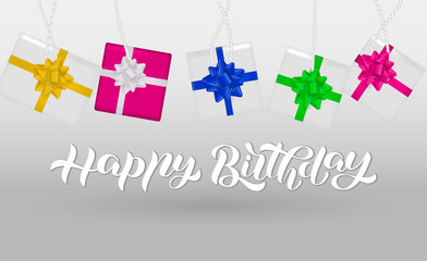 Happy birthday brush lettering with gift boxes. Vector stock illustration for card or banner