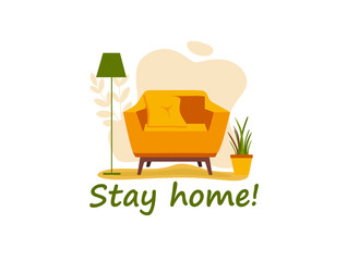 stay home, living room interior with furniture and inscription, vector flat illustration