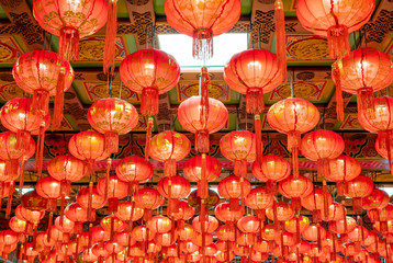Beautiful red lanterns in Chinese style Inside Wat Leng Nei Yi 2 or Borommarajjanaphisek Memorial Is a Mahayana Buddhist temple located in Nonthaburi Thailand