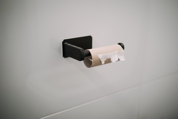Empty Toilet paper roll on wall in bathroom