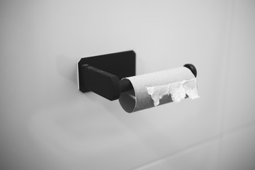 Empty Toilet paper roll on wall in bathroom, black and white photo