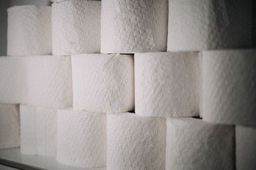 Close-up of a pyramid wall made from toilet paper rolls