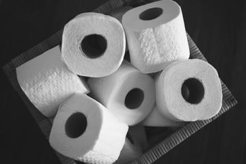 several toilet paper rolls in a box, black and white