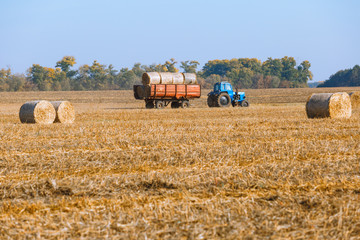Fototapeta na wymiar Hay bail harvesting in wonderful autumn farmers field landscape with hay stacks