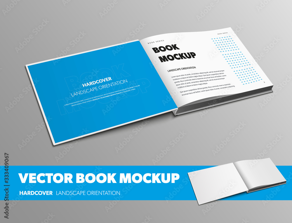 Poster mockup of open vector book, landscape orientation, for design presentation.