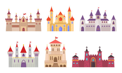 fairytale castles. medieval buildings fortress fantasy gothic architecture towers for kings and queens. vector castles