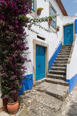 Fototapeta na wymiar Óbidos, Portugal: Pittoresker Hauseingang mit steiler Treppe und blauen Türen und Fenstern