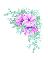 Flower bouquet, watercolor flowers purple, Illustration hand painted. Isolated on white background. Perfectly for greeting card design.