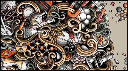 Science hand drawn doodle banner. Cartoon detailed flyer.