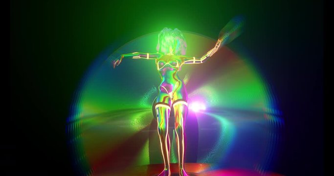 Cybernetic robot  go-go girl with shining colorful skindancing in neon light on virtual scene