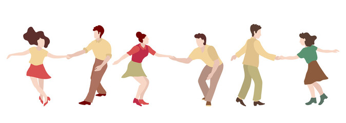 Set of three Young couple dancing swing, rock or lindy hop. Retro in flat style hand drawn. Disc cover, social network, dance competition,illustration of dance courses.Clip art people dancing isolated
