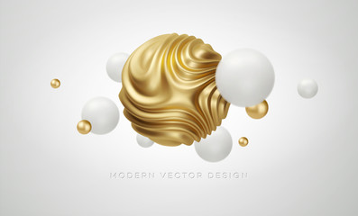 White and Golden metal organic shape 3d sphere background. Trend design for web pages, posters, flyers, booklets, magazine covers, presentations. Vector illustration
