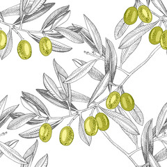 Fototapety  Wzór z zielonymi oliwkami i gałązkami oliwnymi