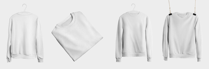 Mockup of white textile heather hanging on a hanger and rope, front, back view, for presentation...