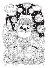 Page for coloring book for adults and children. A beautiful cat in a knitted hat stands in a bed of flowers and balls of thread. Clouds in the sky.
